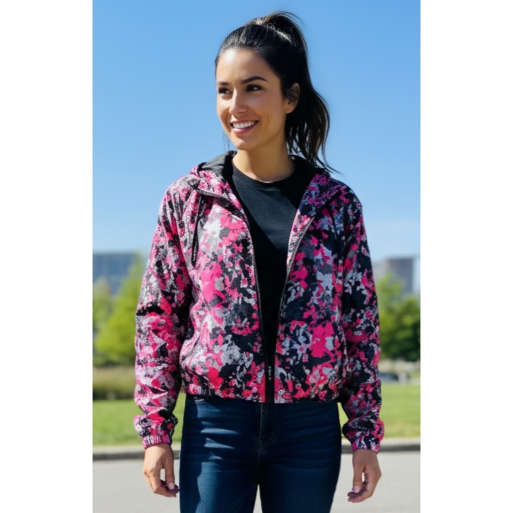 New Look Sport Pink Camo Cropped Cinched Waist Windbreaker Jacket